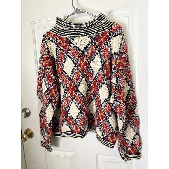 Vintage Express Tricot Sweater Womens Small Cream Red Argyle Handknit 90s - Picture 3 of 6